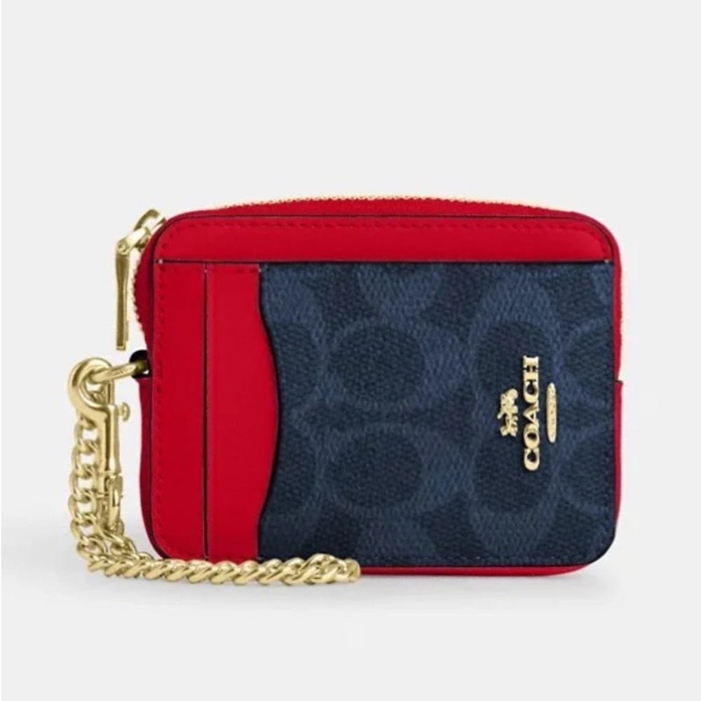 NWT COACH ZIP CARD CASE IN SIGNATURE CANVAS IN DENIM/BOLD RED